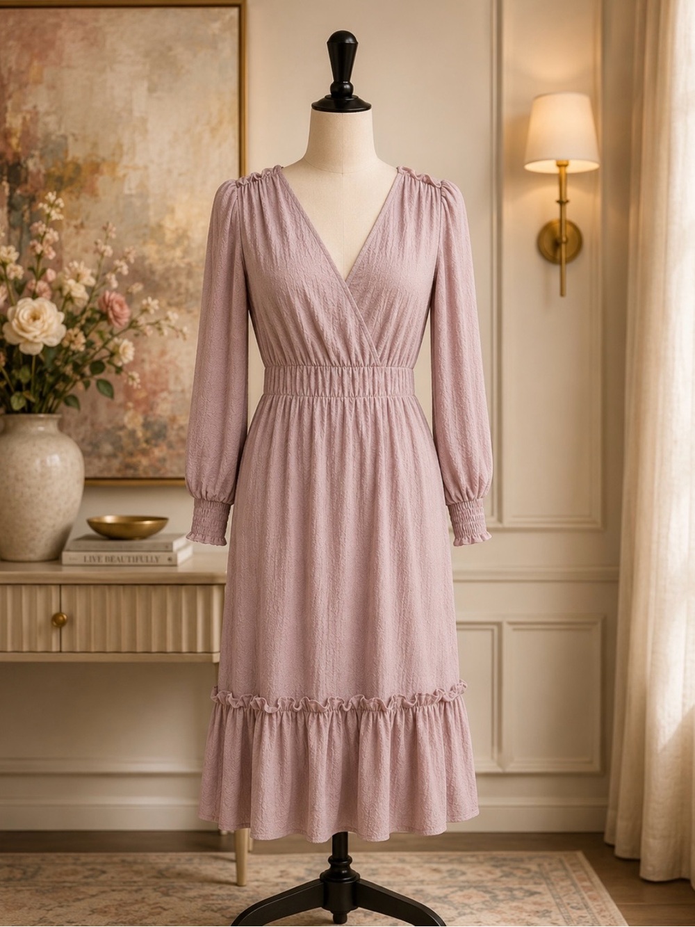 Calvin Klein Mauve Smocked-Waist V-Neck Midi Dress